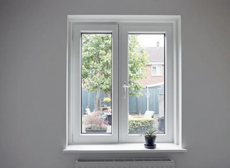 Een nieuw wit kunststof raam met draaikiepbeslag in een slaapkamer, met een plantje op de vensterbank en uitzicht op de tuin