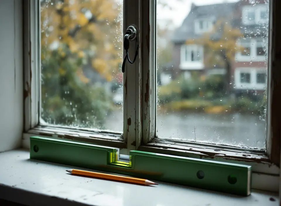 Een waterpas en een potlood op de vensterbank voor een oud houten raam met afbladderende verf, regen buiten
