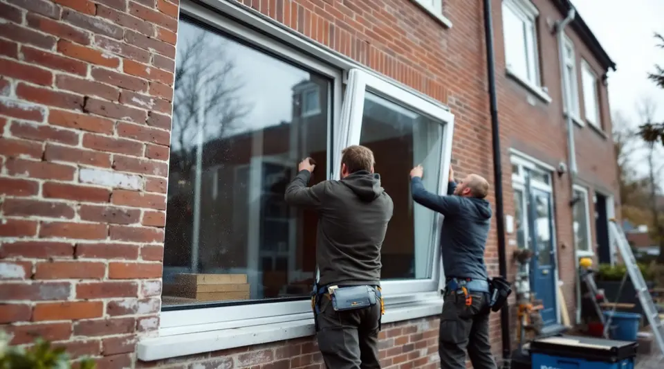 Twee monteurs plaatsen een nieuw wit kozijn met glas in de bakstenen gevel van een rijtjeshuis