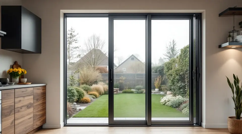 Een brede schuifpui met smalle donkere aluminium profielen van de keuken naar de tuin
