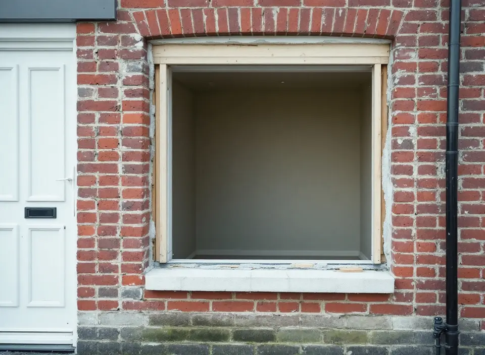 Een lege kozijnopening in een bakstenen gevel tijdens de verbouwing: het oude kozijn is eruit, het nieuwe moet er nog in