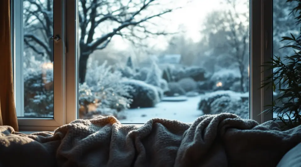 Uitzicht vanuit een warme woonkamer door een groot raam op een besneeuwde tuin, een wollen plaid op de bank